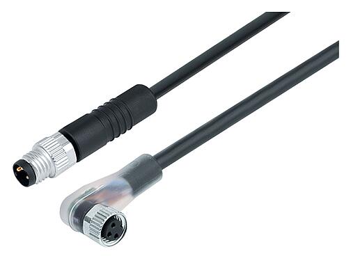 Illustration M8 Connecting cable male cable connector - female angled connector with LED, Contacts: 3, unshielded, moulded on the cable, IP67/IP69K, UL 2238, PUR, black, 3 x 0.34 mm², with LED PNP, 1 m