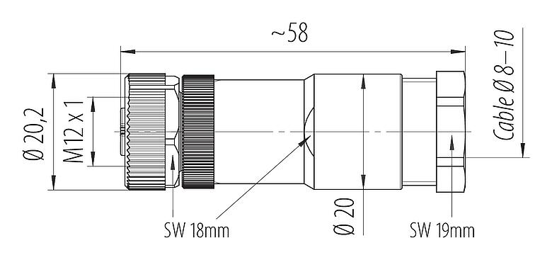 比例图 99 0686 19 03 - M12 直头孔头电缆连接器, 极数: 2+PE, 8.0-10.0mm, 非屏蔽, 螺钉接线, IP67, UL 2238