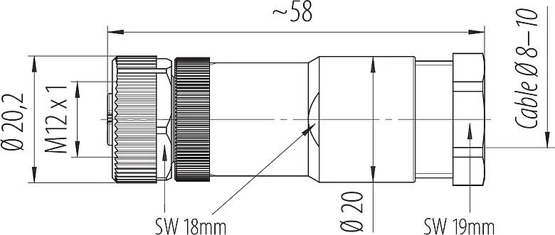 比例图 M12 直头孔头电缆连接器, 极数: 2+PE, 8.0-10.0mm, 非屏蔽, 螺钉接线, IP67, UL 2238