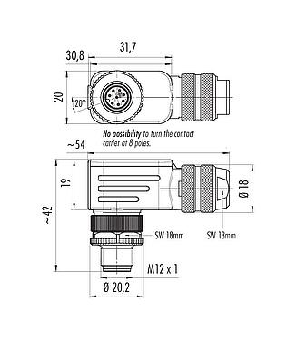 比例图 99 1487 822 08 - M12 弯角针头电缆连接器, 极数: 8, 6.0-8.0mm, 可接屏蔽, 螺钉接线, IP67, UL
