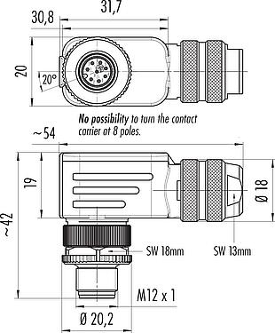 比例图 M12 弯角针头电缆连接器, 极数: 8, 6.0-8.0mm, 可接屏蔽, 螺钉接线, IP67, UL 2238, 带防护环