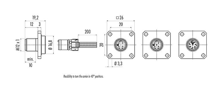 Scale drawing 99 3483 116 08 - M12 Square male panel mount connector, Contacts: 8, unshielded, single wires, UL