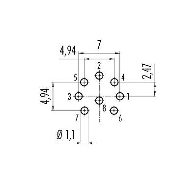 Conductor layout M16 Male panel mount connector, Contacts: 8 (08-a), unshielded, THT, IP68, UL 2238, AISG compliant, M18x0,75, Rear mounting