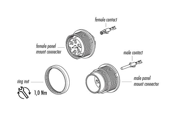 Component part drawing 09 0324 780 06 - M16 Female panel mount connector, Contacts: 6 (06-a), unshielded, crimping (Crimp contacts must be ordered separately), IP40, front fastened