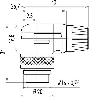 比例图 M16 弯角针头电缆连接器, 极数: 7 (07-a), 4.0-6.0mm, 可接屏蔽, 焊接, IP40