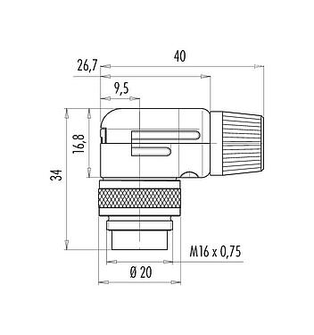 Scale drawing M16 Male angled connector, Contacts: 6 (06-a), 6.0-8.0 mm, shieldable, solder, IP40