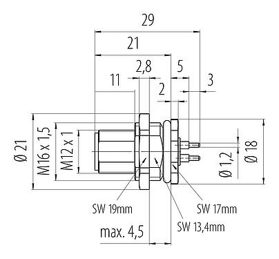 比例图 M12 针头法兰座, 极数: 4, 非屏蔽, THT, IP68, UL 2238, M16x1.5, 後壁安裝