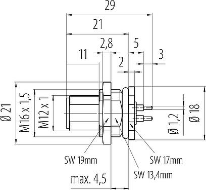 比例图 M12 针头法兰座, 极数: 4, 非屏蔽, THT, IP68, UL 2238, M16x1.5, 後壁安裝