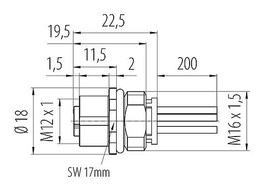 比例图 M12 孔头法兰座, 极数: 5, 非屏蔽, 带导线, IP68, UL 2238, M16x1.5, 板前安装