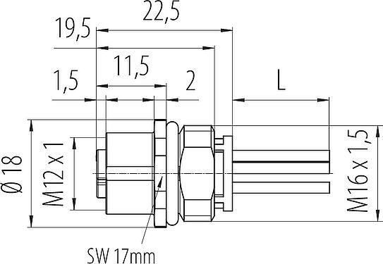 比例图 M12 孔头法兰座, 极数: 4, 非屏蔽, 带导线, IP68, UL 2238, M16x1.5, 板前安装