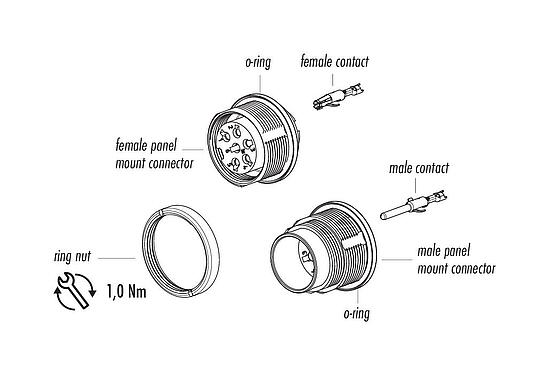 Component part drawing M16 Male panel mount connector, Contacts: 4 (04-a), unshielded, crimping (Crimp contacts must be ordered separately), IP67, UL 2238, M18x0,75, Rear mounting