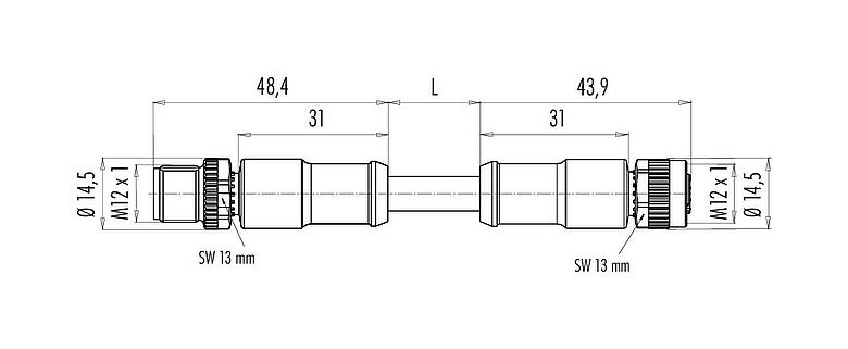 Scale drawing 77 2530 2529 50705-0500 - M12/M12 Male cable connector - female cable connector, Contacts: 5, shielded, moulded on the cable, IP68, UL, CAN-Bus, PUR, violet, 1 x 2 x AWG 22 + 1 x 2 x AWG 24, 5 m