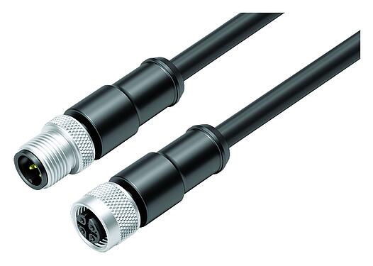 Illustration M12 Connecting cable male cable connector - female cable connector, Contacts: 5, shielded, moulded on the cable, IP67, UL 2238, PUR, black, 5 x 0.25 mm², 1 m
