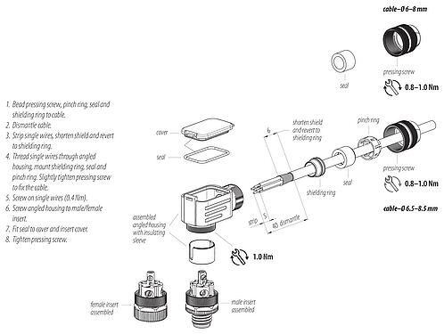 Assembly instructions M12 Male angled connector, Contacts: 4, 6.0-8.0 mm, shieldable, screw clamp, IP67, UL 2238, with shielding ring