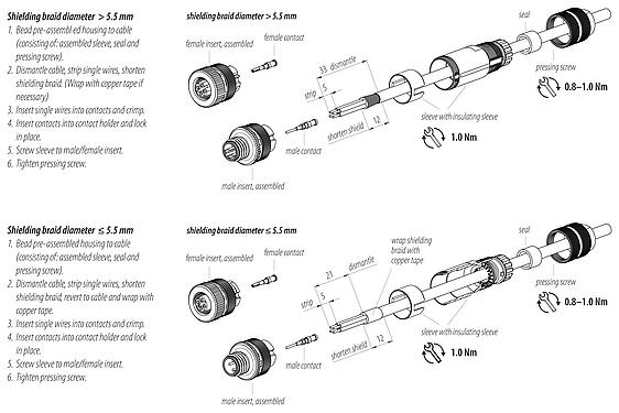 装配说明 99 1434 810 04 - M12 直头孔头电缆连接器, 极数: 4, 5.0-8.0mm, 可接屏蔽, 压接（压接触点必须单独订购）, IP67, UL