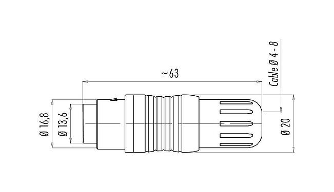比例图 Push Pull 直头孔头电缆连接器, 极数: 5, 4.0-8.0mm, 可接屏蔽, 焊接, IP67