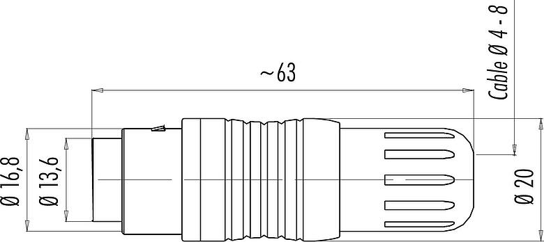 比例图 Push Pull 直头孔头电缆连接器, 极数: 6, 4.0-8.0mm, 可接屏蔽, 焊接, IP67