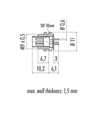 Scale drawing 09 0073 20 02 - M9 Male panel mount connector, Contacts: 2, unshielded, THT, IP40