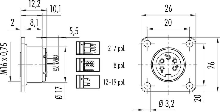 比例图 M16 孔头方型法兰座, 极数: 7 (07-a), 非屏蔽, 焊接, IP67, UL 2238, M3 (4x), 板前安装