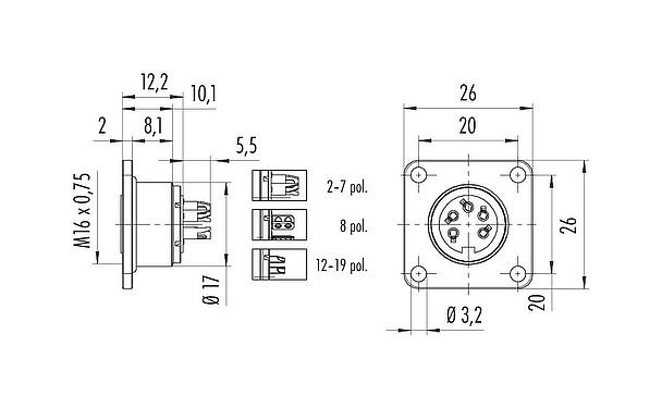 Scale drawing M16 Square female panel mount connector, Contacts: 8 (08-a), unshielded, solder, IP68, UL 2238, AISG compliant, M3 (4x), Front mounting