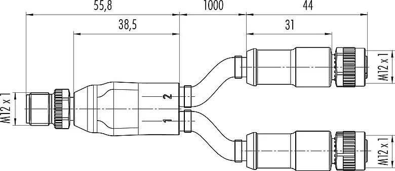 比例图 M12 Male cable splitter - 2 female cable connectors, Contacts: 5, shielded, moulded on the cable, IP67, CAN-Bus, PUR, violet, 1 x 2 x AWG 22 + 1 x 2 x AWG 24, 1 m