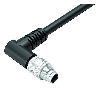 Illustration M9 Male angled connector, Contacts: 8, shielded, moulded on the cable, IP67, PUR, black, 8 x 0.14 mm², 5 m