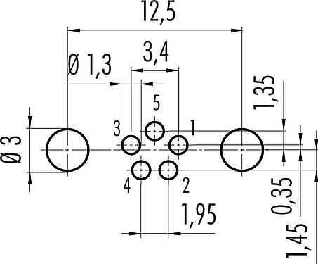 导体结构 M8 针头法兰座, 极数: 5, 可接屏蔽, THT, IP67, UL 2238, M8x1.0, 後壁安裝, 模压成型