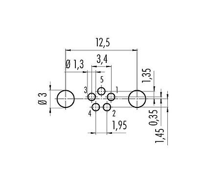 Conductor layout M8 Male panel mount connector, Contacts: 5, shieldable, THT, IP67, UL 2238, M8x1.0, Rear mounting, potted