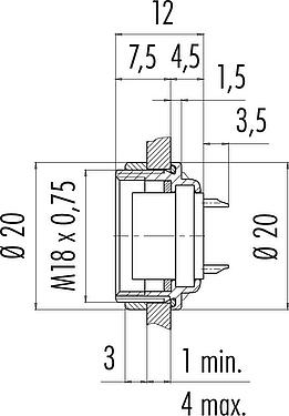 比例图 M16 孔头法兰座, 极数: 24, 非屏蔽, 焊接, IP67, UL 2238, M18x0,75, 後壁安裝