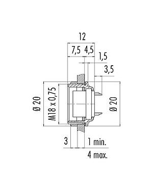 比例图 M16 孔头法兰座, 极数: 24, 非屏蔽, 焊接, IP67, UL 2238, M18x0,75, 後壁安裝