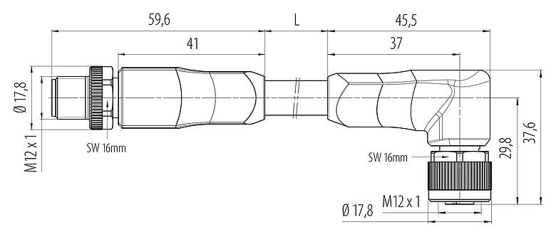 Scale drawing 77 0654 0649 70505-0500 - M12/M12 Male cable connector - female angled connector, Contacts: 4+FE, unshielded, moulded on the cable, IP68, PUR, black, 5 x 1.50 mm², UL in preparation, 5 m