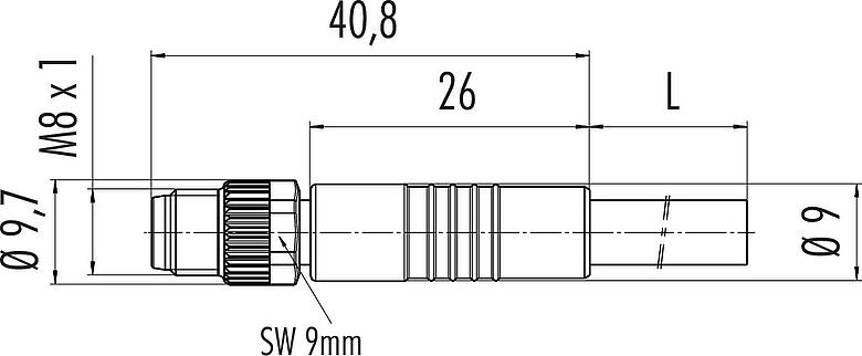 Scale drawing M8 Male cable connector, Contacts: 12, unshielded, moulded on the cable, IP67/IP69K, UL 2238, PUR, black, 12 x 0.09 mm², 5 m