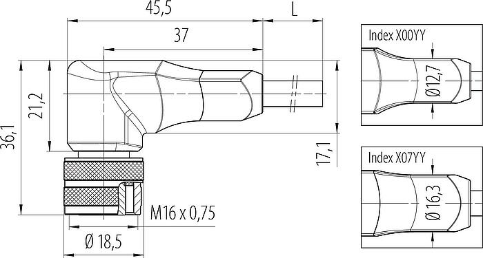Scale drawing M16 Female angled connector, Contacts: 5, unshielded, moulded on the cable, IP67, PUR, black, 5 x 0.34 mm², 2 m