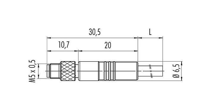 Scale drawing M5 Male cable connector, Contacts: 3, shielded, moulded on the cable, IP67, UL 2238, M5x0.5, PUR, black, 3 x 0.14 mm², 5 m