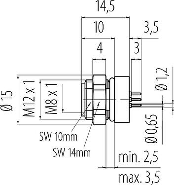 比例图 M8 孔头法兰座, 极数: 3, 非屏蔽, THT, IP67, UL 2238, M12x1.0, 後壁安裝, 模压成型
