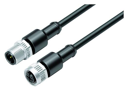 Illustration M12 Connecting cable male cable connector - female cable connector, Contacts: 3, unshielded, moulded on the cable, IP67/IP69K, UL 2238, PUR, black, 3 x 0.34 mm², 5 m