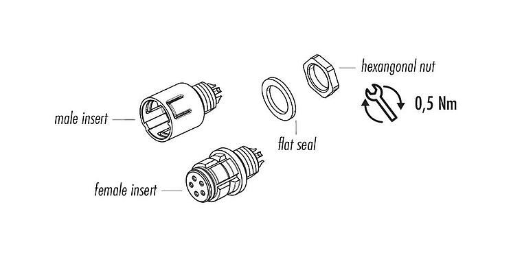 Component part drawing Snap-In Male panel mount connector, Contacts: 3, unshielded, solder, IP67, M8x0,75, Front mounting