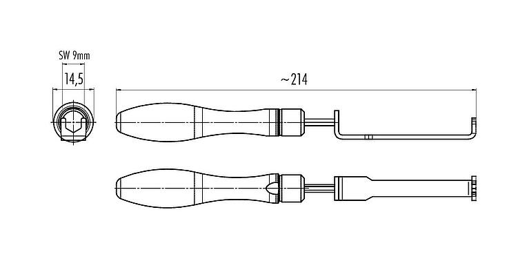 Scale drawing 07 0085 000 - M8 - Assembly key for M8 locking ring with torque limitation 0.4 Nm, SW 9 mm; Series 718/768