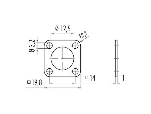 Scale drawing 16 0959 000 - M12-A/B/D/K/K/L/S/T/US/X - gasket for square flange plug, metal; 713/715/763/766/813/814/815/825/866/876 series