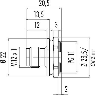 比例图 M12 针头法兰座, 极数: 5, 非屏蔽, 焊接, IP67, PG 11, 板前安装