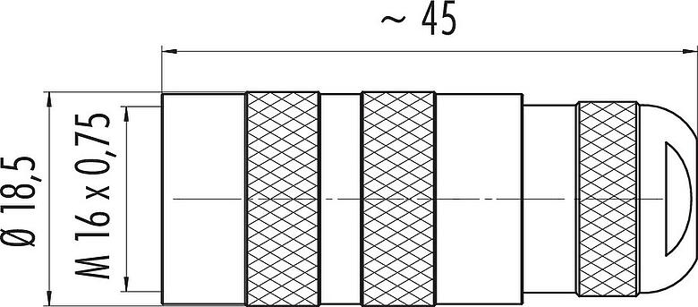 Scale drawing M16 Female cable connector, Contacts: 14 (14-b), 4.1-7.8 mm, unshielded, solder, IP67, UL 2238, Short version