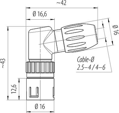 Scale drawing Snap-In Male angled connector, Contacts: 12, 4.0-6.0 mm, unshielded, solder, IP67