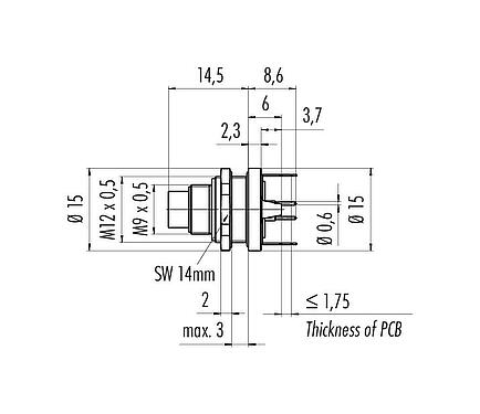 Scale drawing M9 Male panel mount connector, Contacts: 3, shieldable, THT, IP67, M12x0.5, Rear mounting, potted