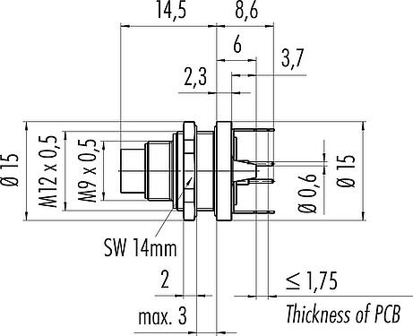 比例图 M9 针头法兰座, 极数: 5, 可接屏蔽, THT, IP67, M12x0.5, 後壁安裝, 模压成型