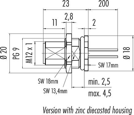 Scale drawing M12 Male panel mount connector, Contacts: 5, unshielded, single wires, IP68, UL 2238, PG 9, Rear mounting