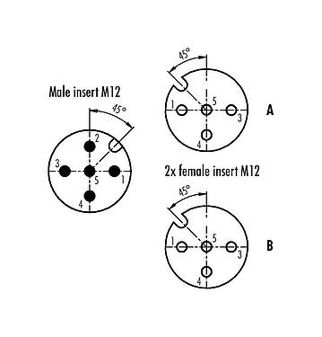 Contact arrangement (Plug-in side) 79 5207 00 05 - M12/M12,M12 Twin distributor, Y-distributor, male connector - 2 female connector, Contacts: 5/4, unshielded, pluggable, IP68, UL