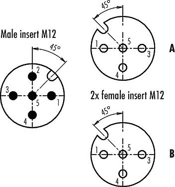 Contact arrangement (Plug-in side) M12 Twin distributors, Y-distributor, male connector - 2 female connector, Contacts: 5/4, unshielded, pluggable, IP68, UL 2238
