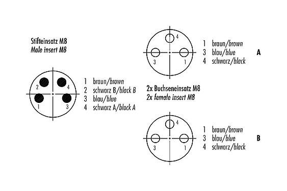 联系安排 (外掛程式側) M8 电缆分配器出口-2孔头带电缆连接器, 极数: 4/3, 非屏蔽, 预铸电缆, IP67, UL 2238, PUR, 黑色, 3x0.34mm², 0.6m