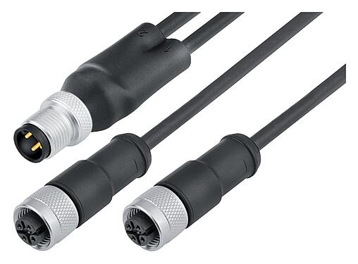 Illustration M12 Male cable splitter - 2 female cable connectors, Contacts: 4/3, shielded, moulded on the cable, IP68, PUR, black, 3 x 0.34 mm², 1 m