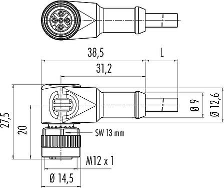 Scale drawing M12 Female angled connector, Contacts: 4, unshielded, moulded on the cable, IP68/IP69K, UL 2238, PUR, black, 4 x 0.34 mm², 2 m